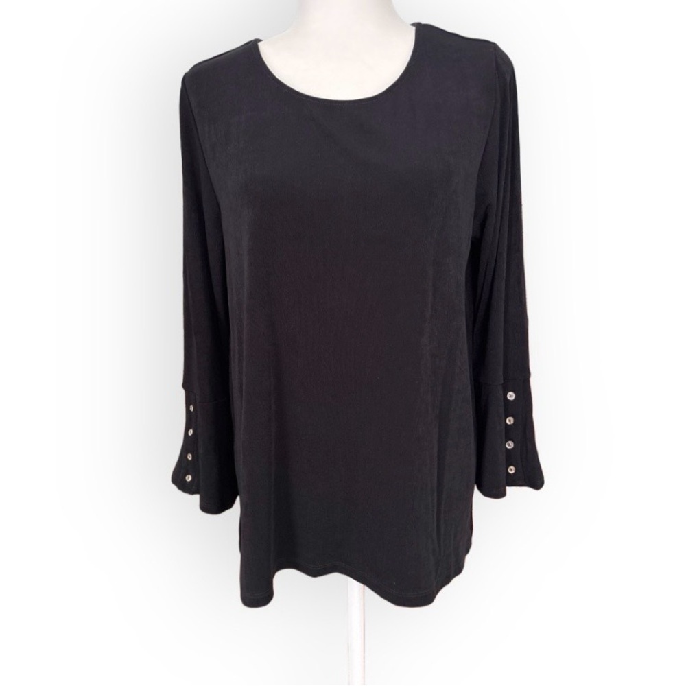 Chico’s Travelers Black Bell Sleeve Button Detail Top Size L Minimalist Boho